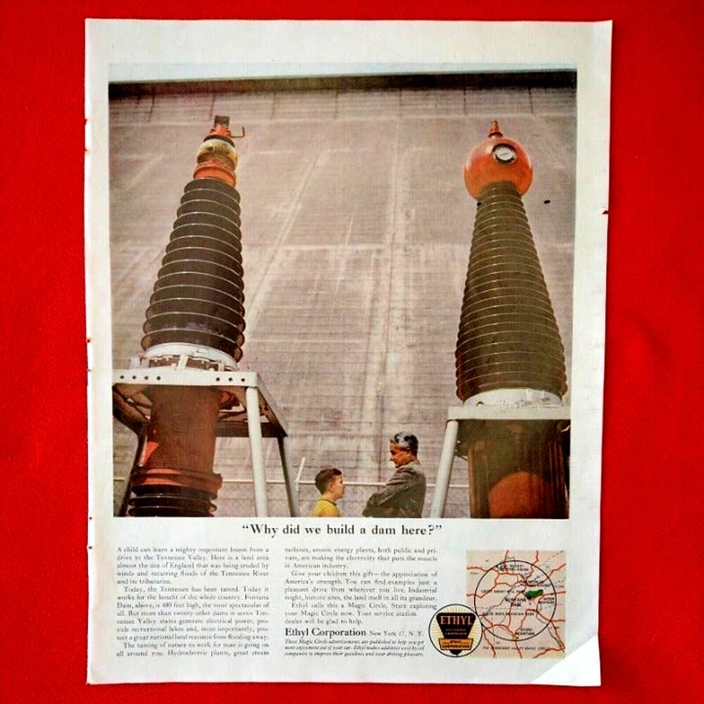 1961 Ethyl Corp "Why did we build a dam here?" Hydroelectric Energy Vtg PRINT AD